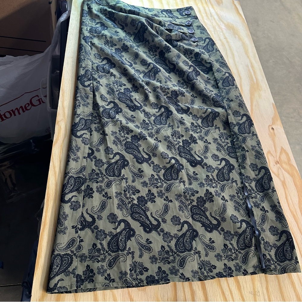 Cider Olive Green Paisley Midi Skirt Button Front Side Slit Size M